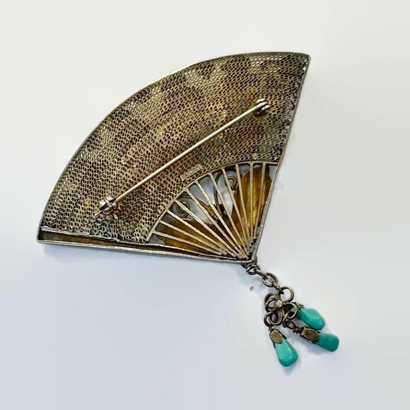 Butterfly  Brooch, Chinese Export, Sterling Silver, Turquoise, 1930s, Fan, Gold - Picture 3 of 4